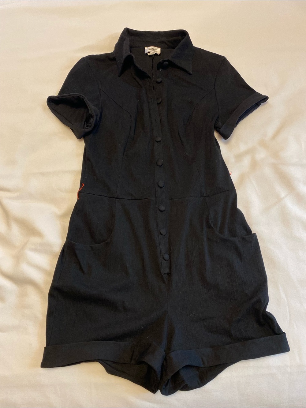 Unique Vintage Black Short-Sleeve Romper With Pockets